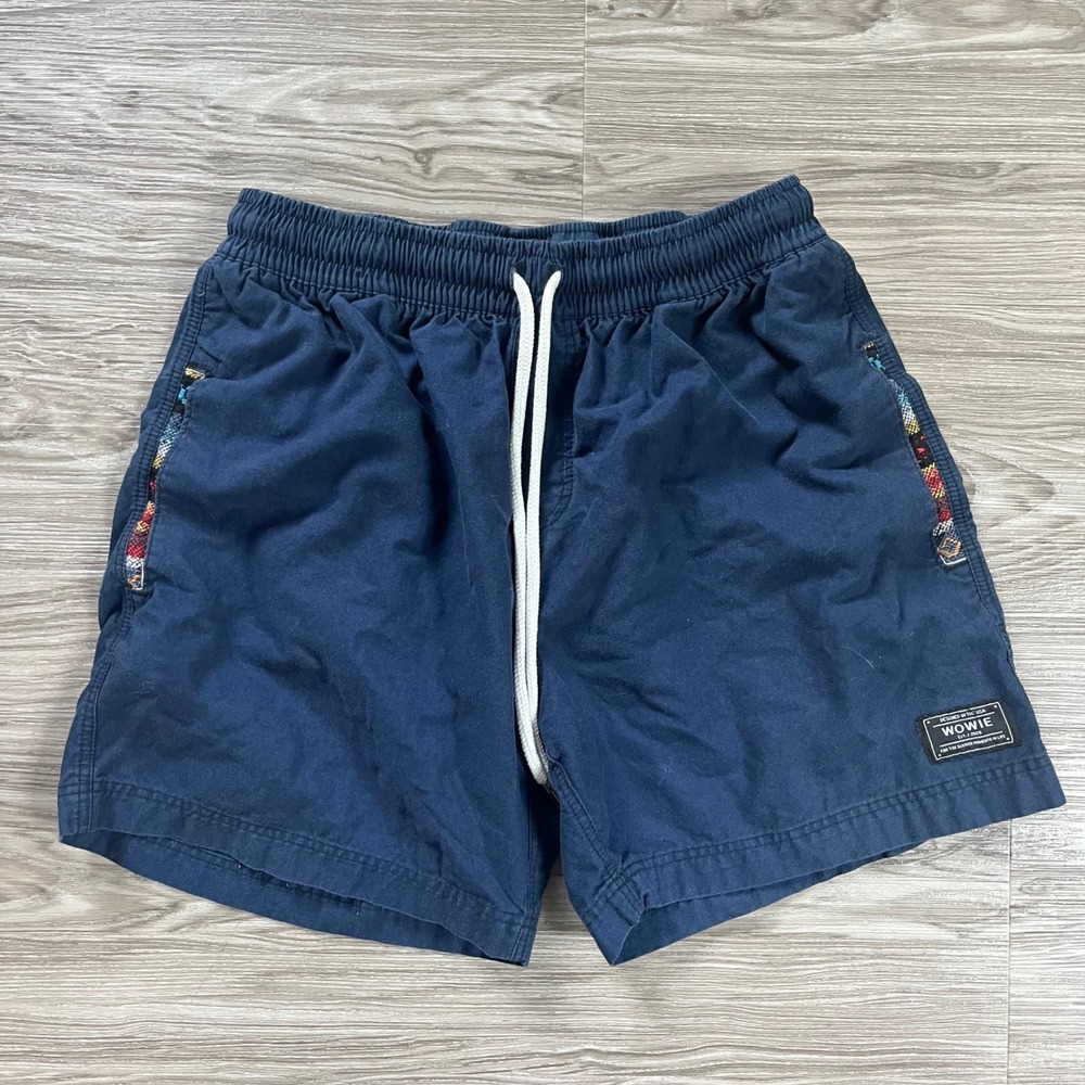 Wowie Mens Navy Blue Elastic Waist Drawstring Shorts Woven Trim Size Medium